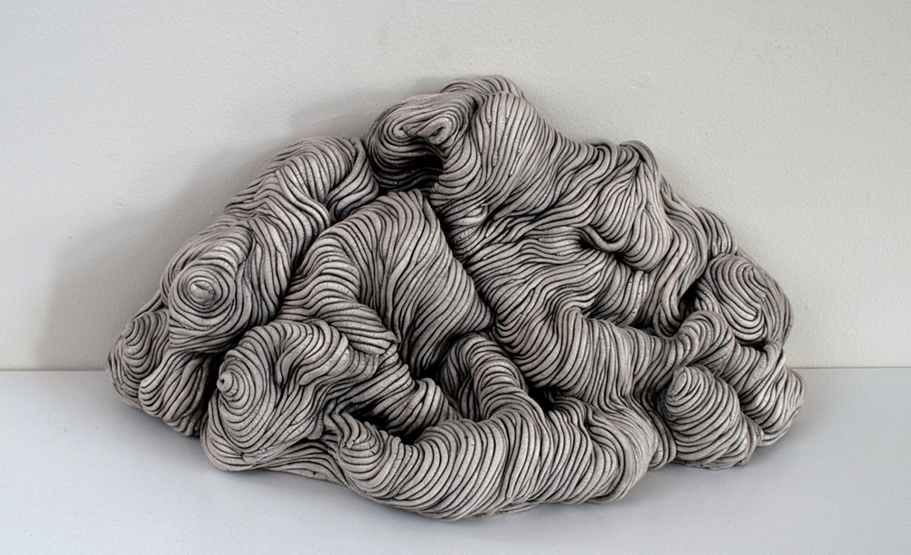 Black and white coil built ceramic clay sculpture made by Erik Hubert Gellert 3-d printed 3d print robot handmade