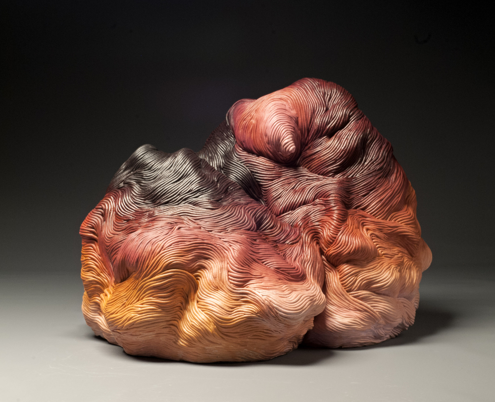 Autumn colors coil built ceramic clay sculpture made by Erik Hubert Gellert Eric art 3-d printed 3d print robot handmade