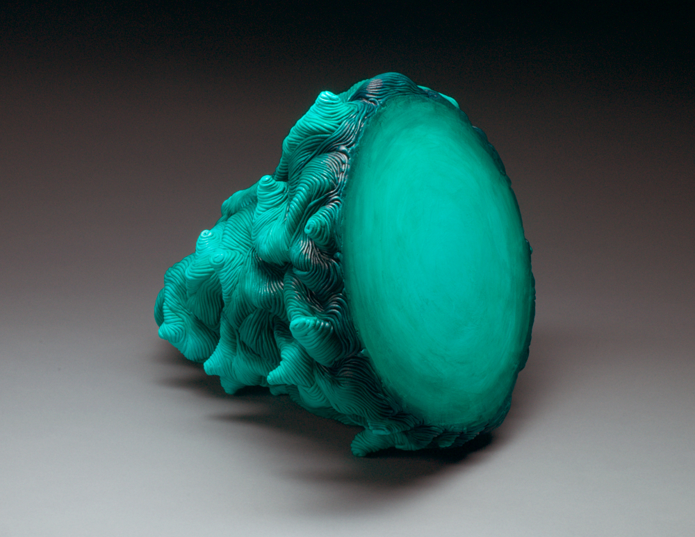 Green acrylic paint coil built ceramic clay sculpture made by Erik Hubert Gellert Eric art 3-d printed 3d print robot handmade