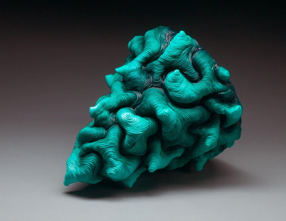 Green acrylic paint coil built ceramic clay sculpture made by Erik Hubert Gellert Eric art 3-d printed 3d print robot handmade