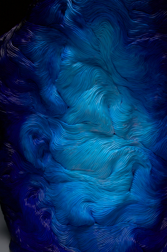 Blue acrylic coil built ceramic clay sculpture made by Erik Hubert Gellert